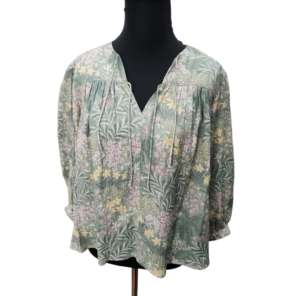 NWT Wonderly 3/4‎ Puff Sleeve 2 Tie Neckline Green Yellow Pink Floral Size Small